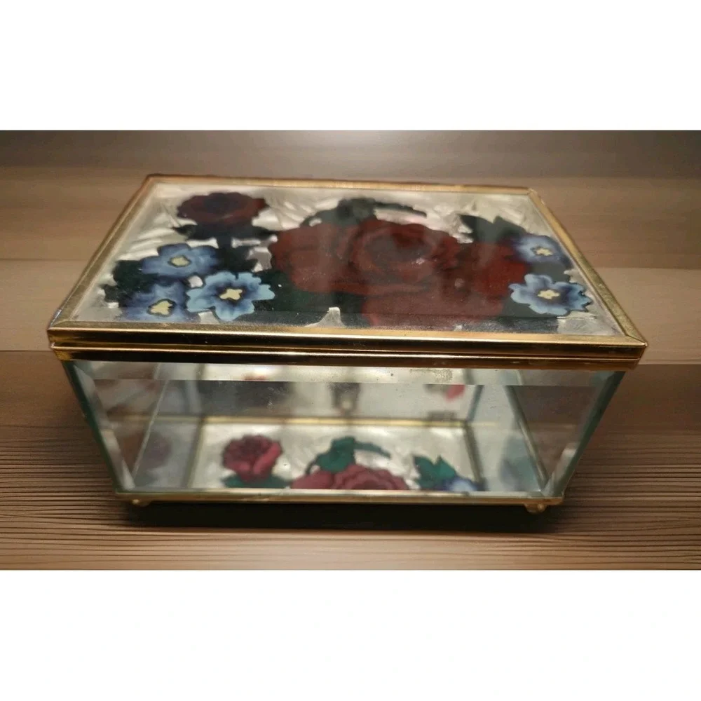 Joan Baker Design Stained Glass Mirrored Red Roses  Floral Jewelry Trinket Box